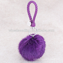 High quality rabbit fur ball keychain fashion leather weave pom poms key chain